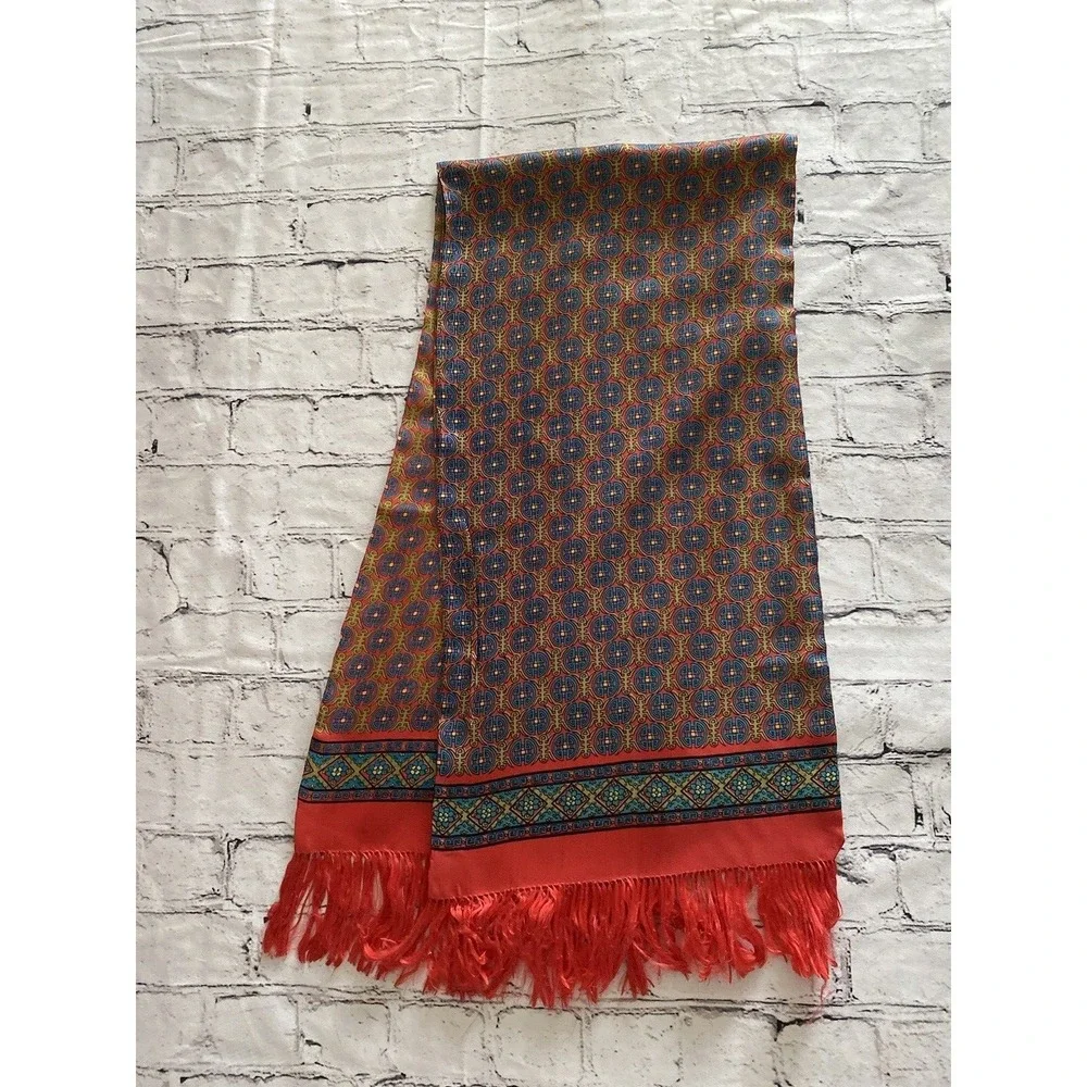 Vintage 100% Silk Rectangular‎ Scarf Japanese Fringe Red Blue Multi 12